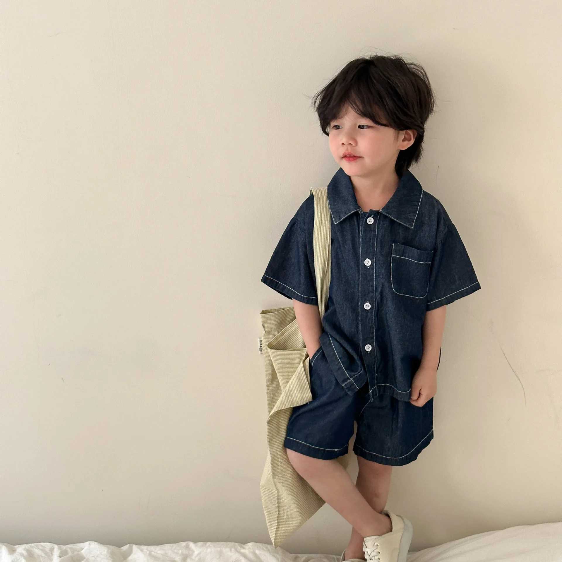 2232 Brothers and sisters Clothing 2024 Summer Denim Set Boys Casual Girls Denim Dress Short SleeveXJ250410