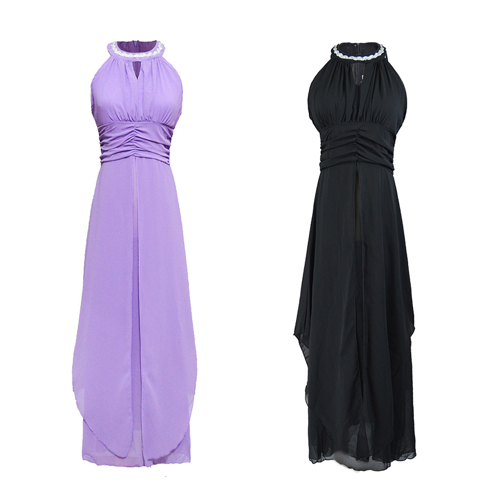 Explosive version hanging neck, nail bead, large swing, off shoulder sexy chiffon dress, long dress