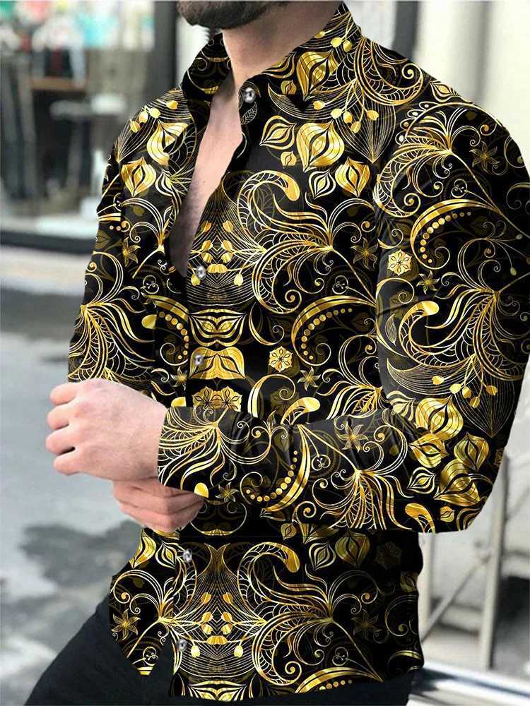 2024 New Hawaiian Shirts Luxury Gold Pattern Shirts Mens Fashion Casual Shirts Long Sleeves Lapel Beach Shirts Mens Clothing K251110