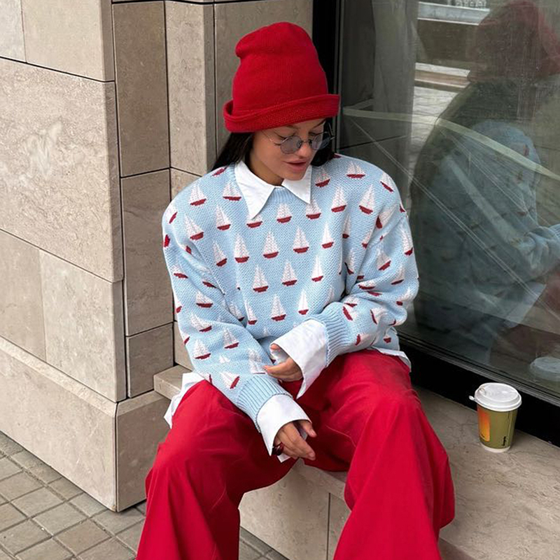 Women's color clashing pullover sweater fall and winter casual style, street style sweater, fashionable and versatile hot women's clothing, 