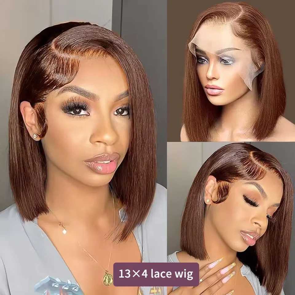 220 Density Full Frontal 13x4 HD Transparent Lace 4 Chocolate Brown Straight Short Bob Wig Human Hair Wigs Pre Plucked WigT251111