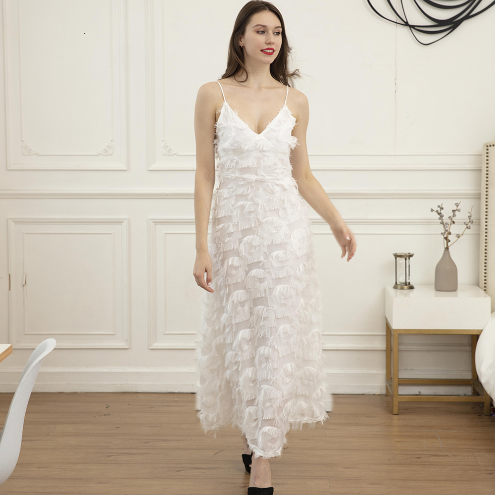 Strap Sexy Light Luxury Evening Women's New Open Back Feather Lace Party Long Dress