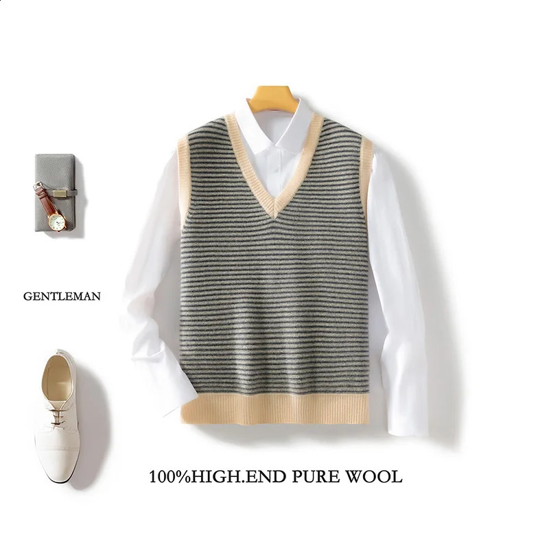 100 pure wool sleeveless vest for mens work in spring and autumn striped color matching knitted 250411Z