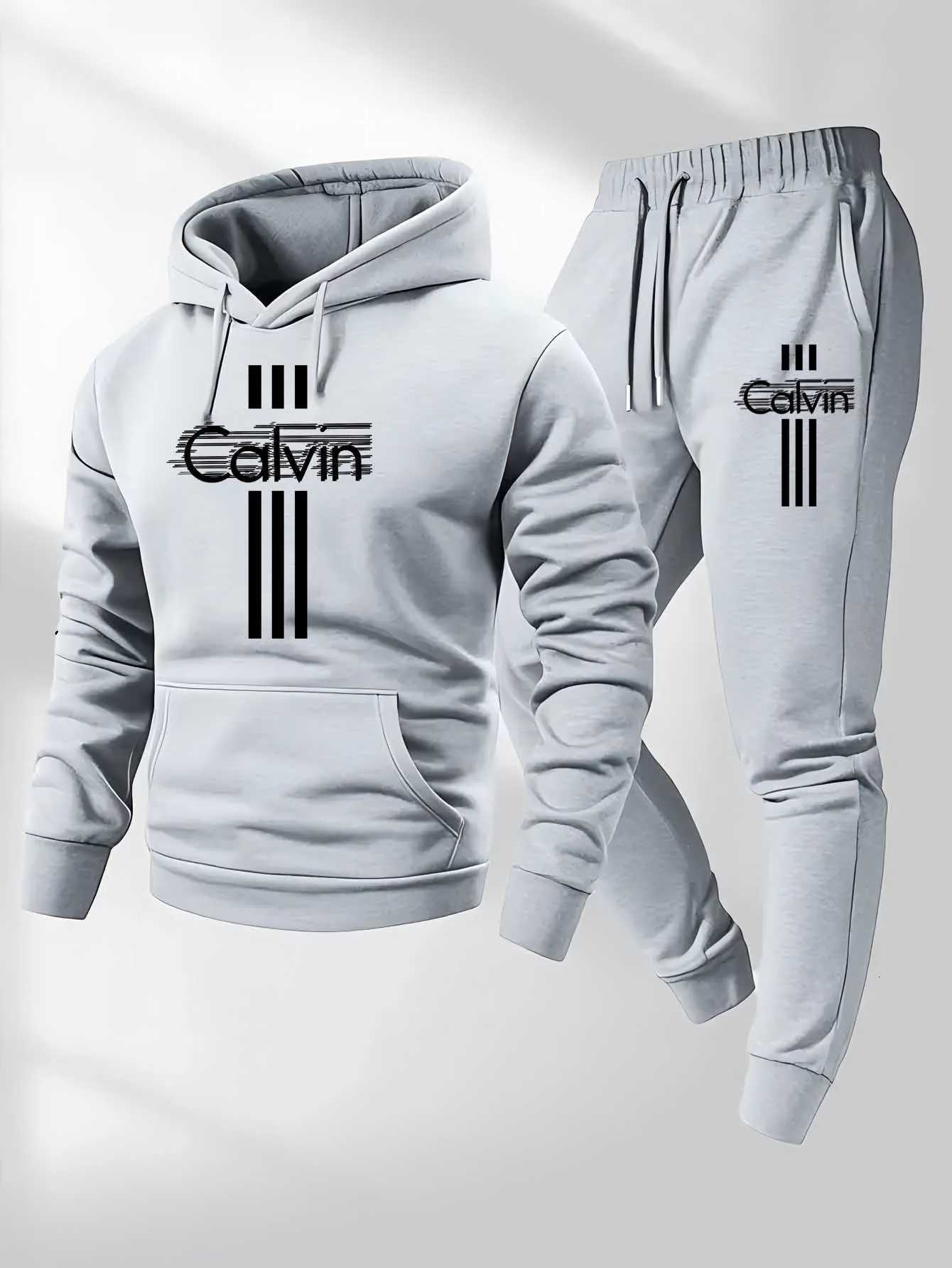 2025 Calvin Printed Mens Long-Sleeved Hooded Sweatshirt Set Casual Sportswear Fashion Trendy Sweater Set tracksuit men hoodiesT251111