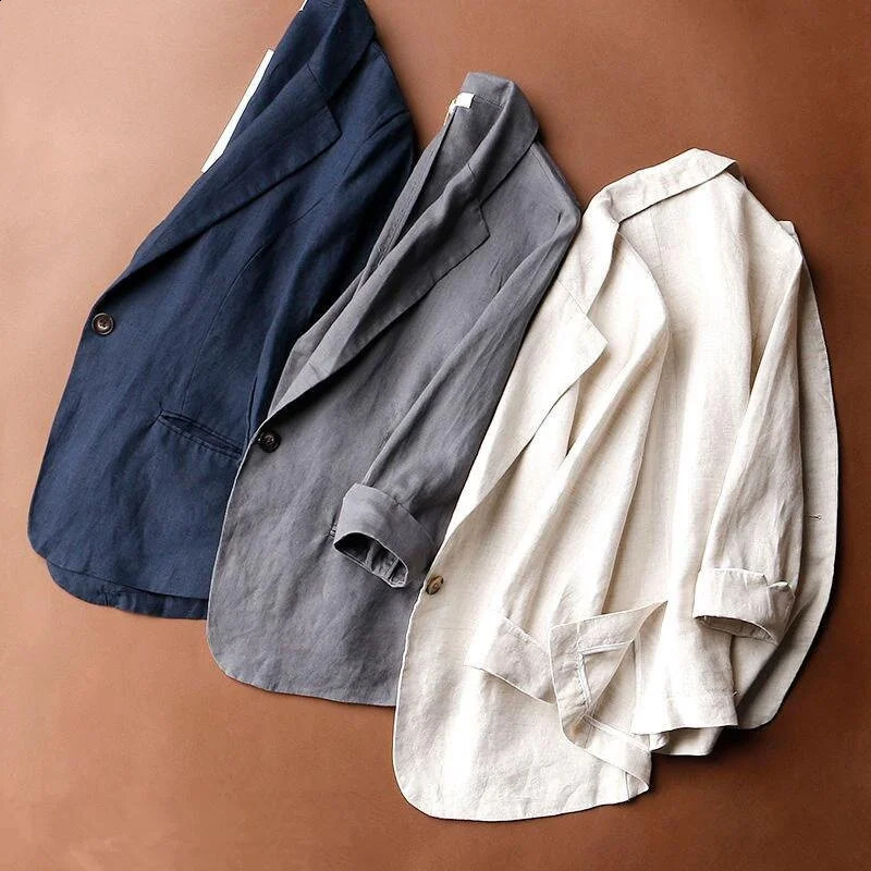 SpringSummer Womens One Third Sleeve Set Cotton Linen Jacket Flip Collar Pocket Top 250407