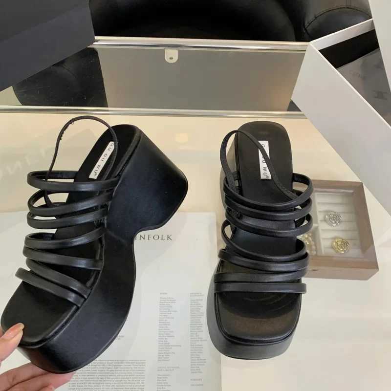 Sier Wedge Sandals Womens Platform Shoes Black Belt High Heels Gladiator Thick Heels Summer Wedge Zapatos De MujerXJ250410