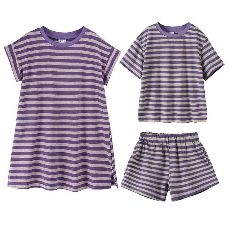 Brothers and sisters matching clothes Summer childrens sisters clothes Boys short sleeved T-shirts 2 girls purple striped dressesXJ250410