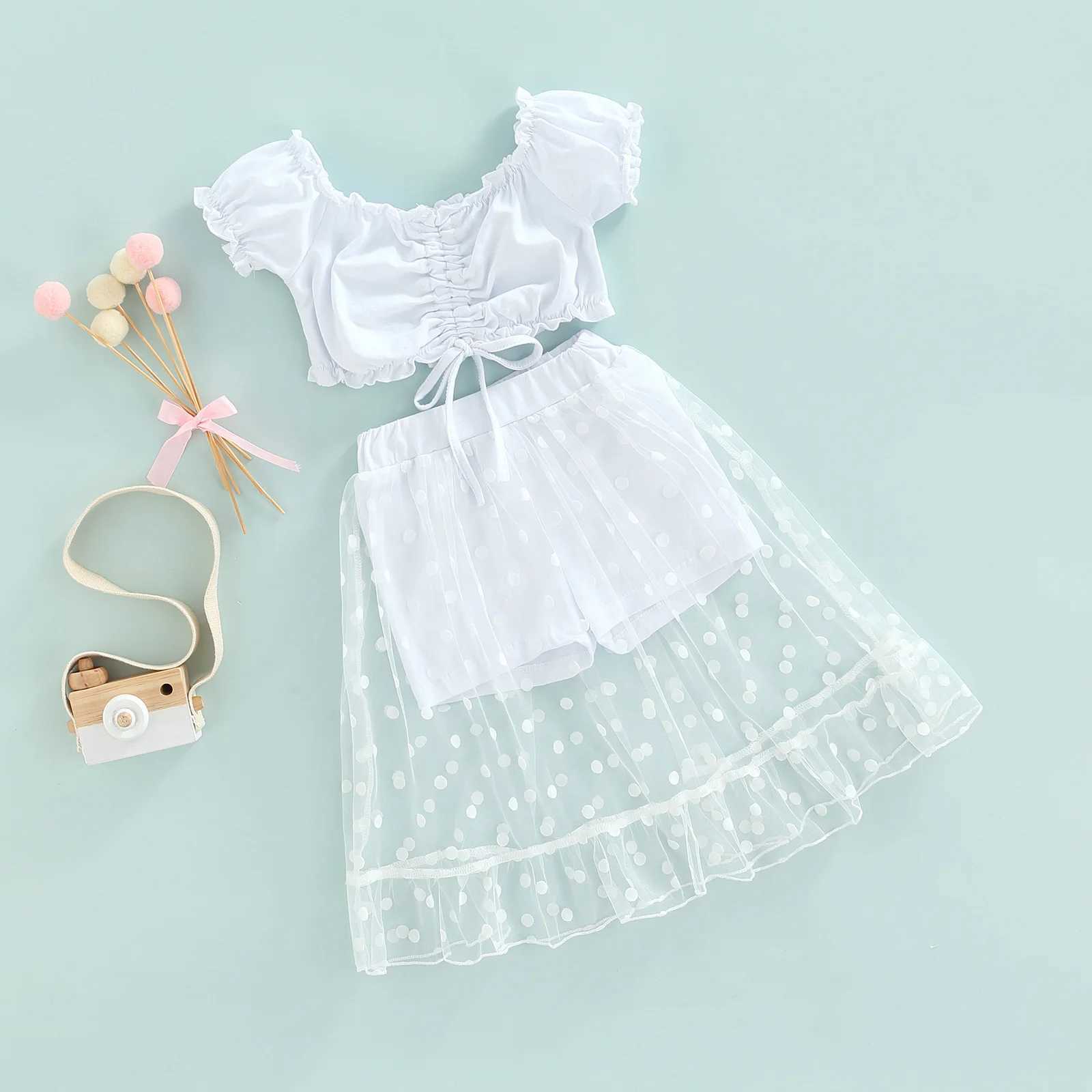 Childrens baby girl 2PCS set childrens baby girl pleated edge decoration Drstring pleated short sleeved top+patch work mesh shorts 2-7TXJ250410
