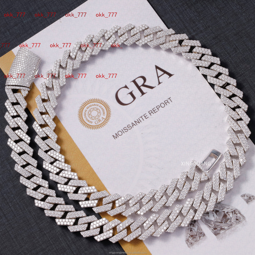 Hip Hop Jewelry 2rows 14mm VVS Moissanite Diamond Cuban Link Chain 925 Silver Moissanite Necklace