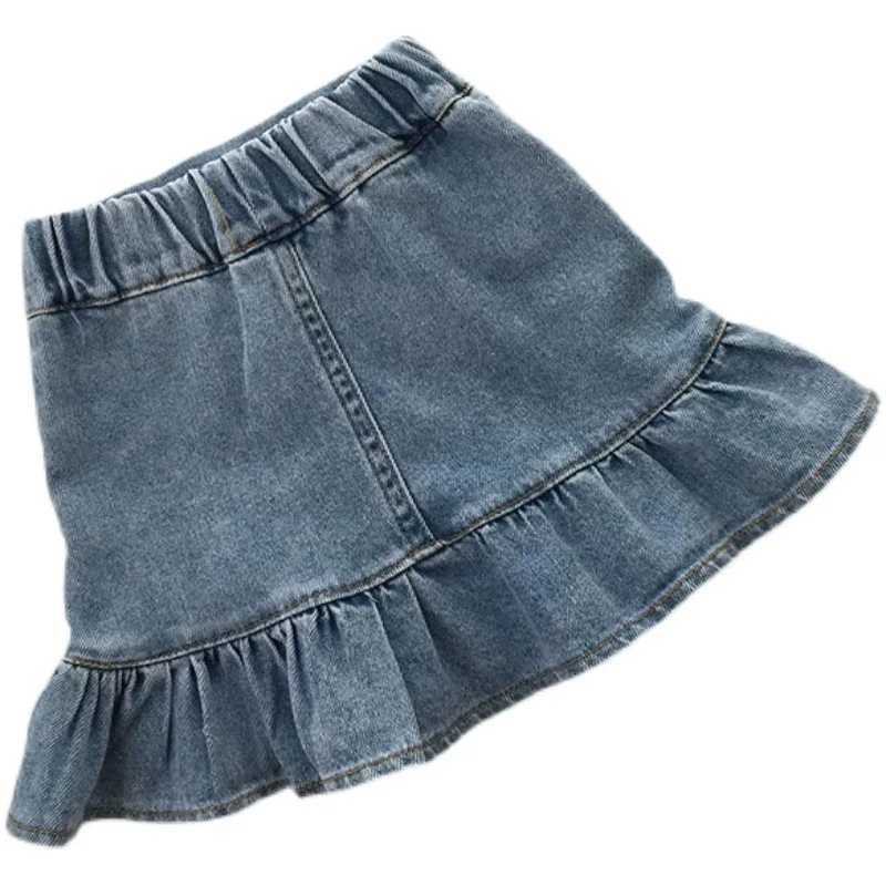 2024 Childrens Girl Explorer Short Sleeve T-shirt+Denim Skiing Summer Ruffle Fish Tail Jeans Skiing 2-piece SetXJ250410