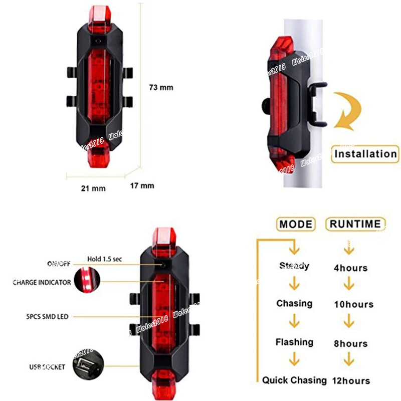 5 LED USB Rechargeable mountain Bike Tail Warning Light Rear Safety Lamp Cycling Bicycle Reflector lights