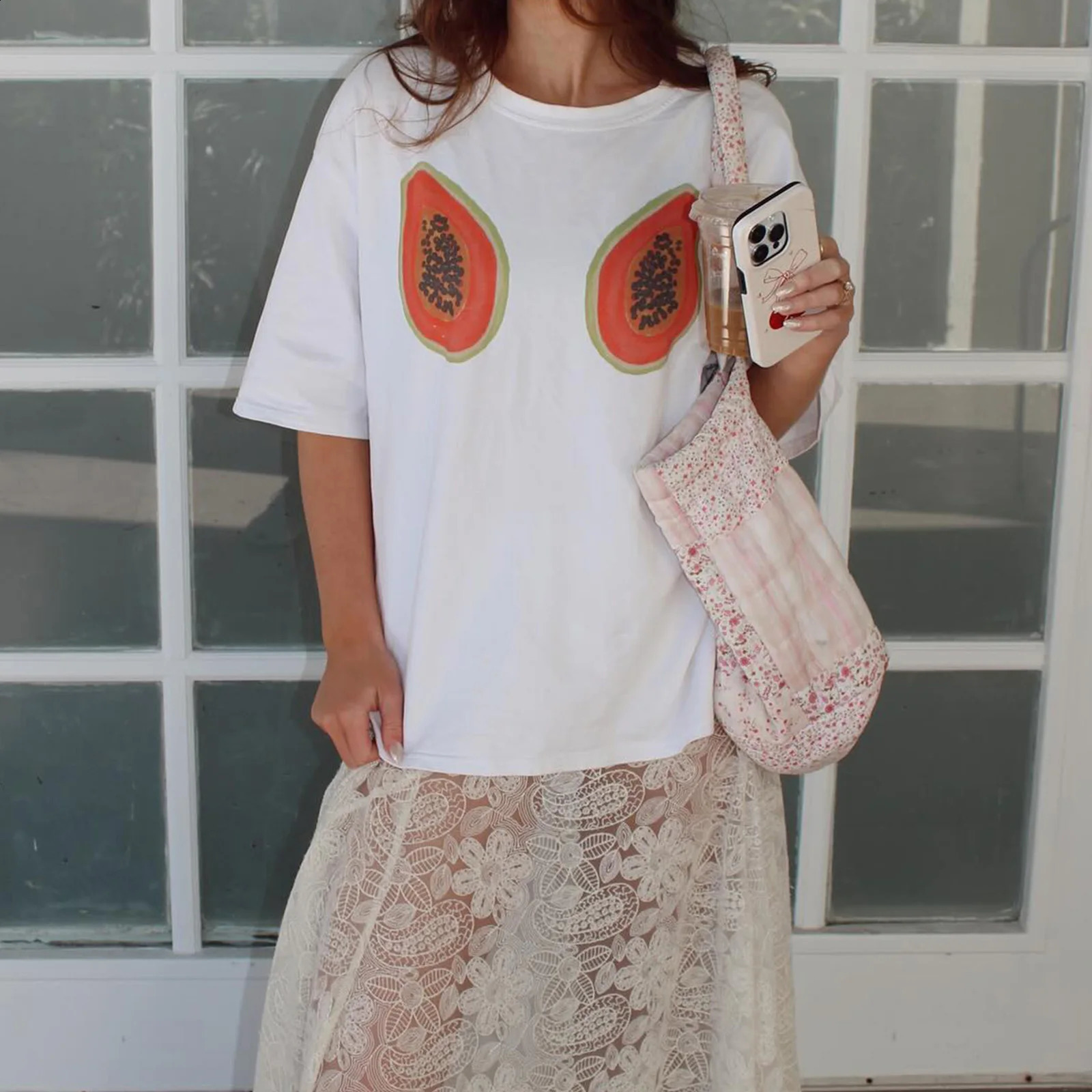 Summer Women Loose T-shirt Crew Neck Short Sleeve PapayaCherryPaw Print Summer Loose Tops for Casual Daily 250410