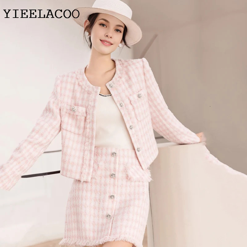 Pink Tweed jacket Skirt Suit plaid fashion Professional Set slimming Womens Suit Autumn/Winter 2-Piece Set 251106