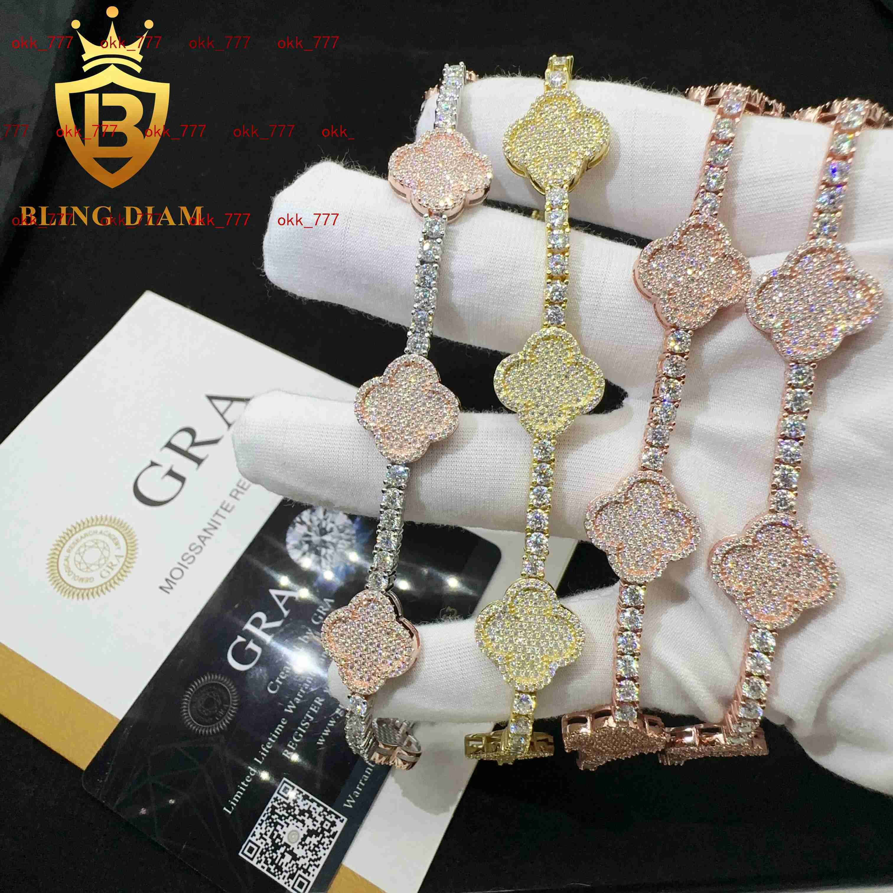 Wholesale Price 925 Sterling Silver Vvs Moissanite Diamond Hip Hop Iced Out Jewelry Clover Leaf Tennis Chain Bracelet