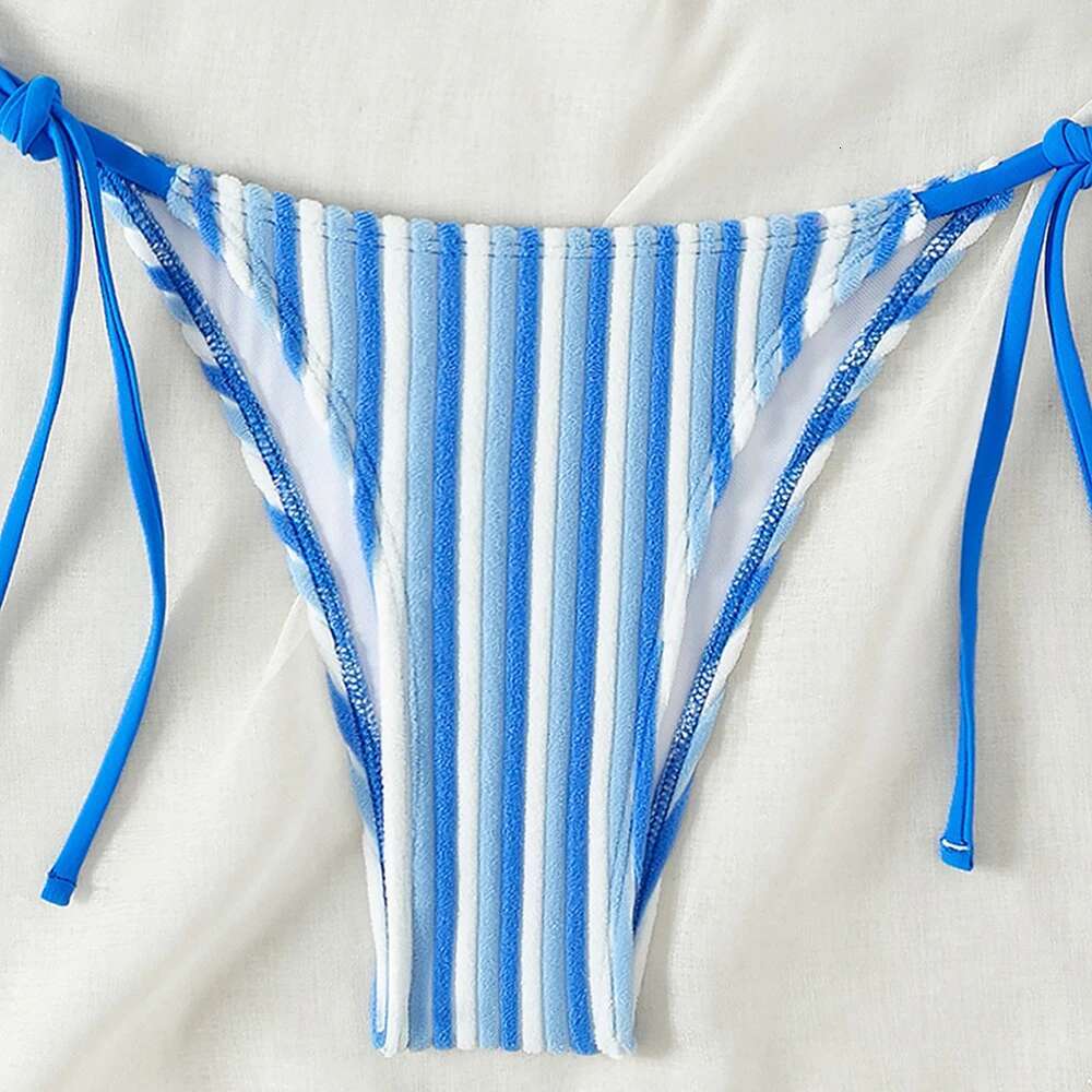 9 Colors New Towel Cloth Halter Neck Tie Up Striped Bikini Swimsuit For Women Summer Beach Vacation Low Waisted Swimwear 2024