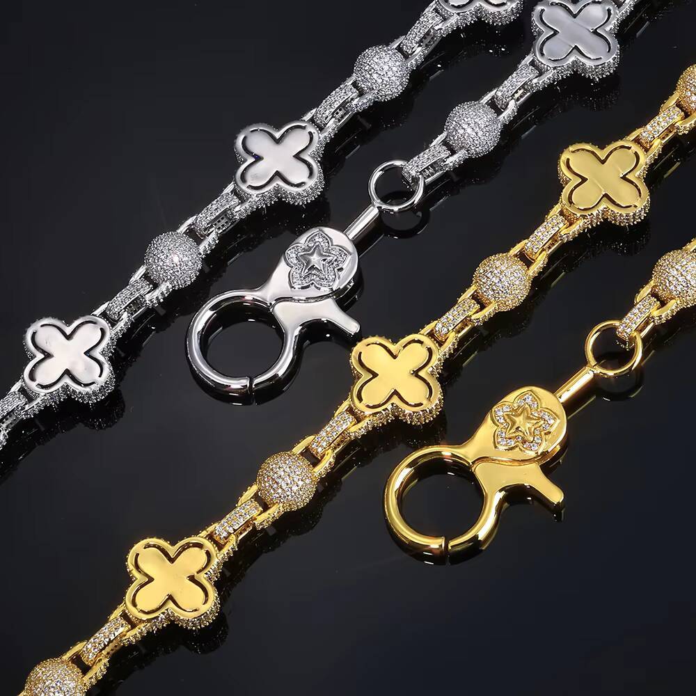 NUOYA Four Leaf Clover Pants Chain Spherical Cuban Link Hip Hop Jewelry Iced Out Moissanite Diamond Gift