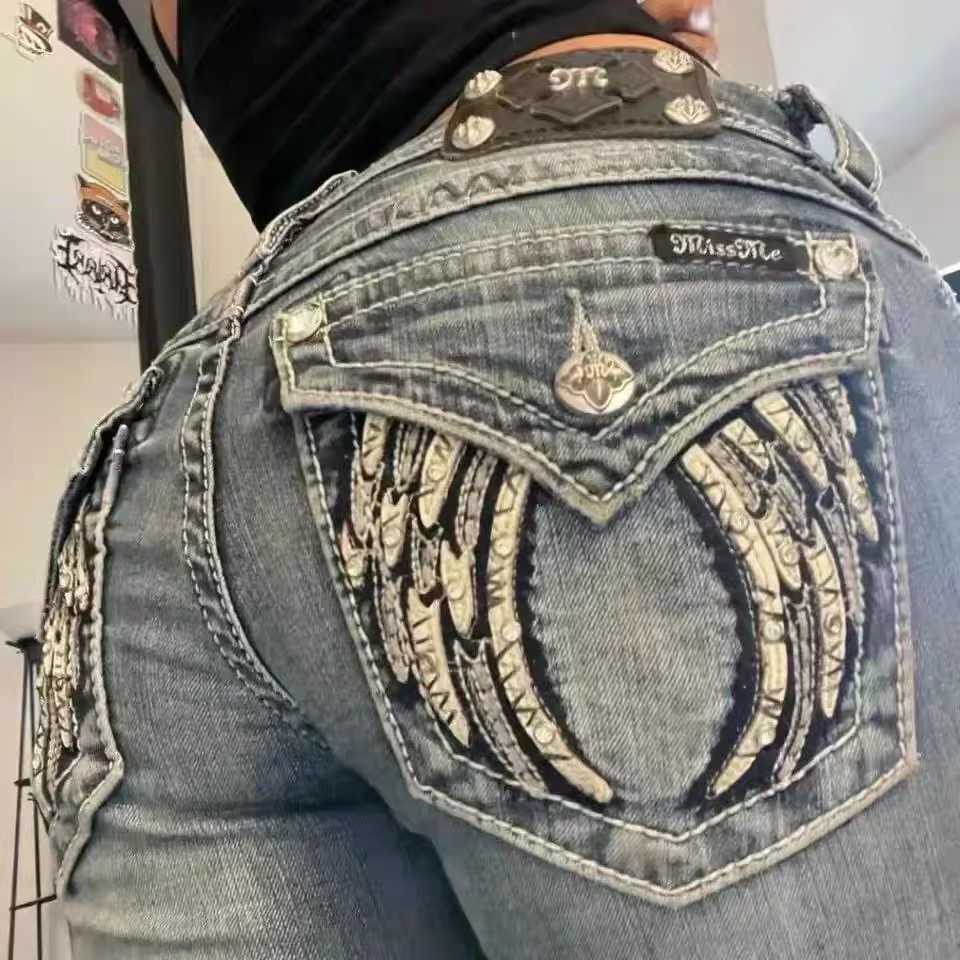 Retro Miss Me Boot Cut Jeans Female Y2K New Blue Jeans Embroidered Wing Pocket Hip Hop Harajuku Gothic Wide Pants Street Wear L251017
