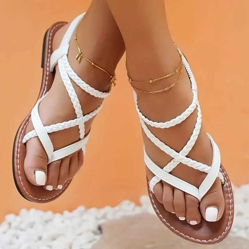 Fi casual flat shoes womens plus size womens shoes summer new woven foot elastic band Roman beach shoesXJ250410