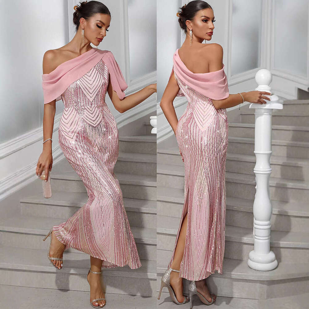 Women's Fashion SEXY DRESSES FOR WOMEN One-Shoulder Chiffon Patchwork Sequin Night club maxi dress Gown