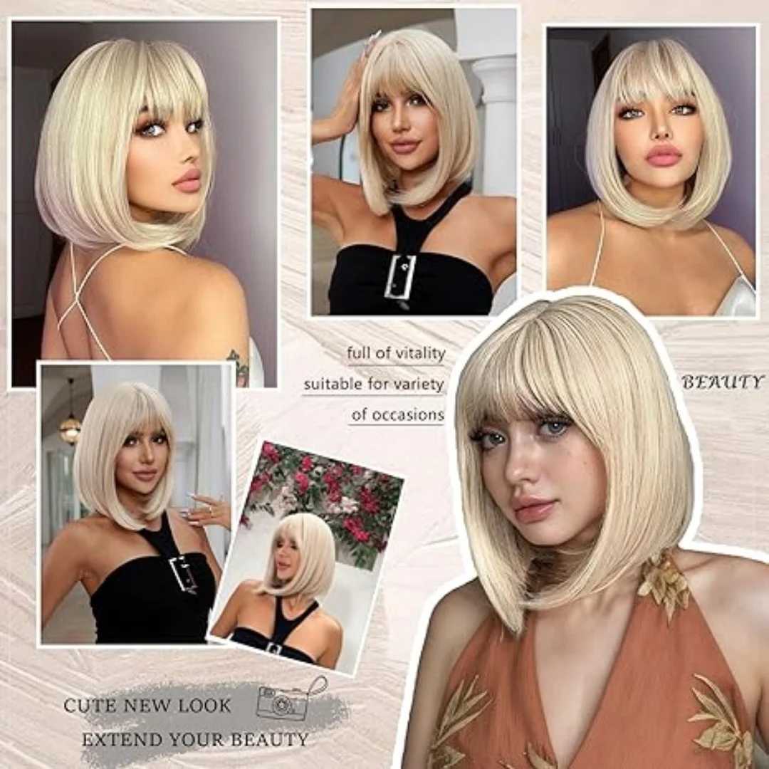 EASIHAIR Synthetic Bob Wigs with Bang Short Straight Light Blonde Beige Natural Hair Wigs for Women Daily Cosplay Heat ResistantT251111