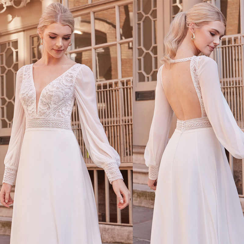 Summer Bohemia A Line Wedding Dress V Neck Lace Long Sleeve Bridal Gowns Customized Boho Bride Dresses