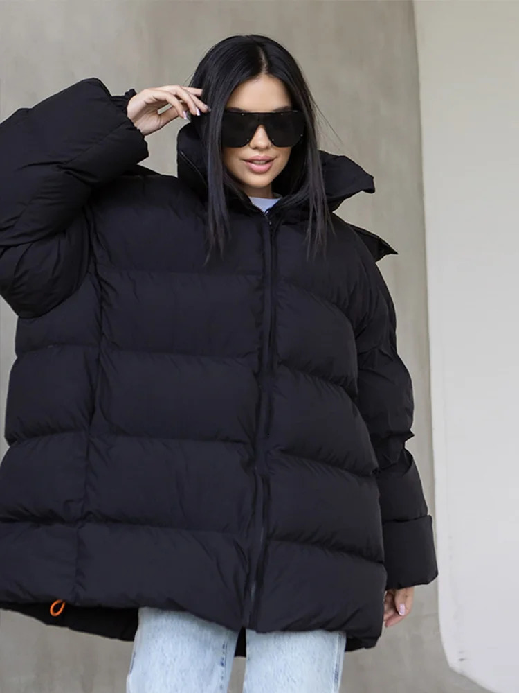 Fashion Thicken Hooded Cotton Jacket For Women Oversize Long Sleeve Zipper Warm Coat Winter Female Street Loose Parkas Outerwear 251103