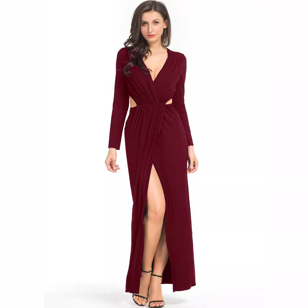 Deep V-neck Hollow Waist Long Sleeve Split Sexy Dress