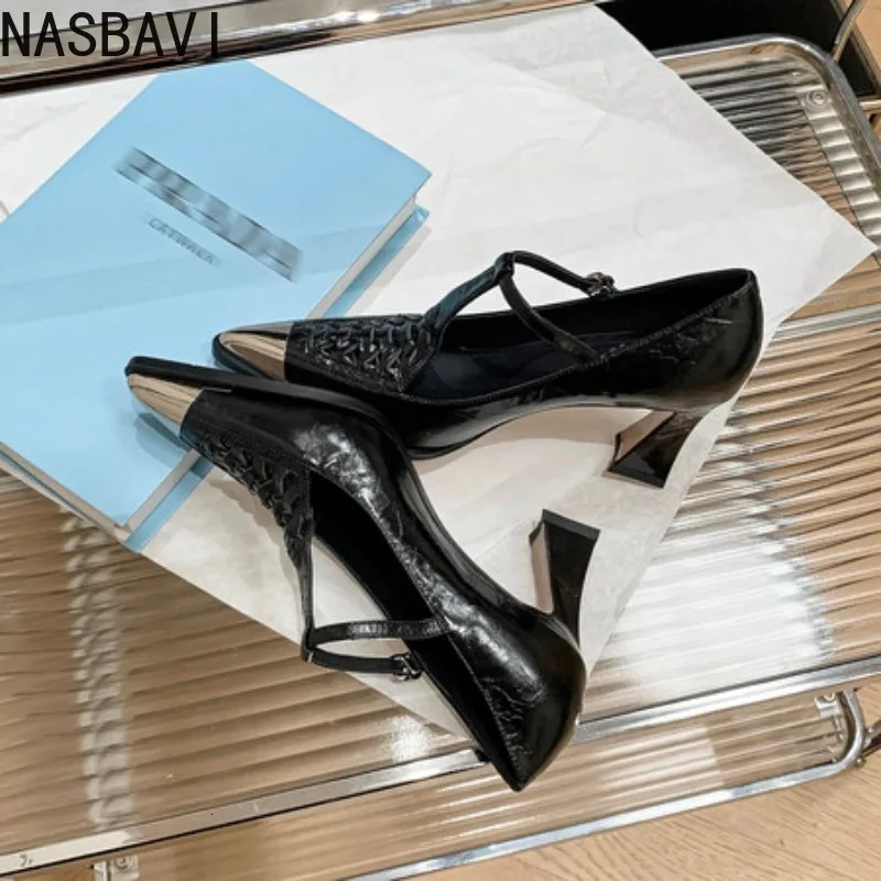 Vintage Polished Pointed Toe Women Cow Leather Pumps Thin Heels Pointed Toe Buckle Strap Big Size 34-40 Handmade 251110