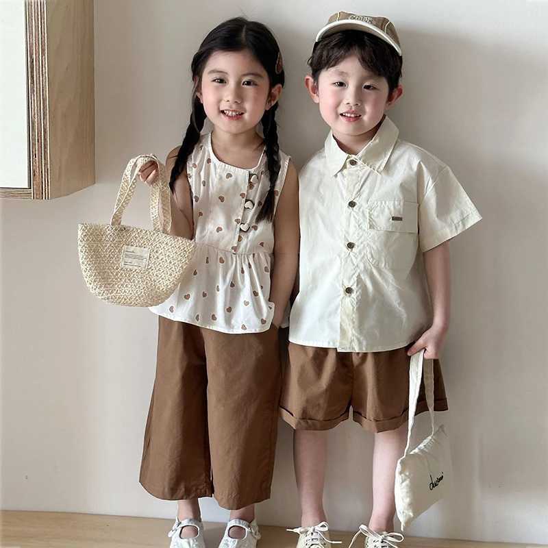 2PCs Childrens Summer Short Sleeve Set Boys Cotton Shirts Girls Sleeveless Top and Cropped Pants Set Brothers and sisters ClothingXJ250410
