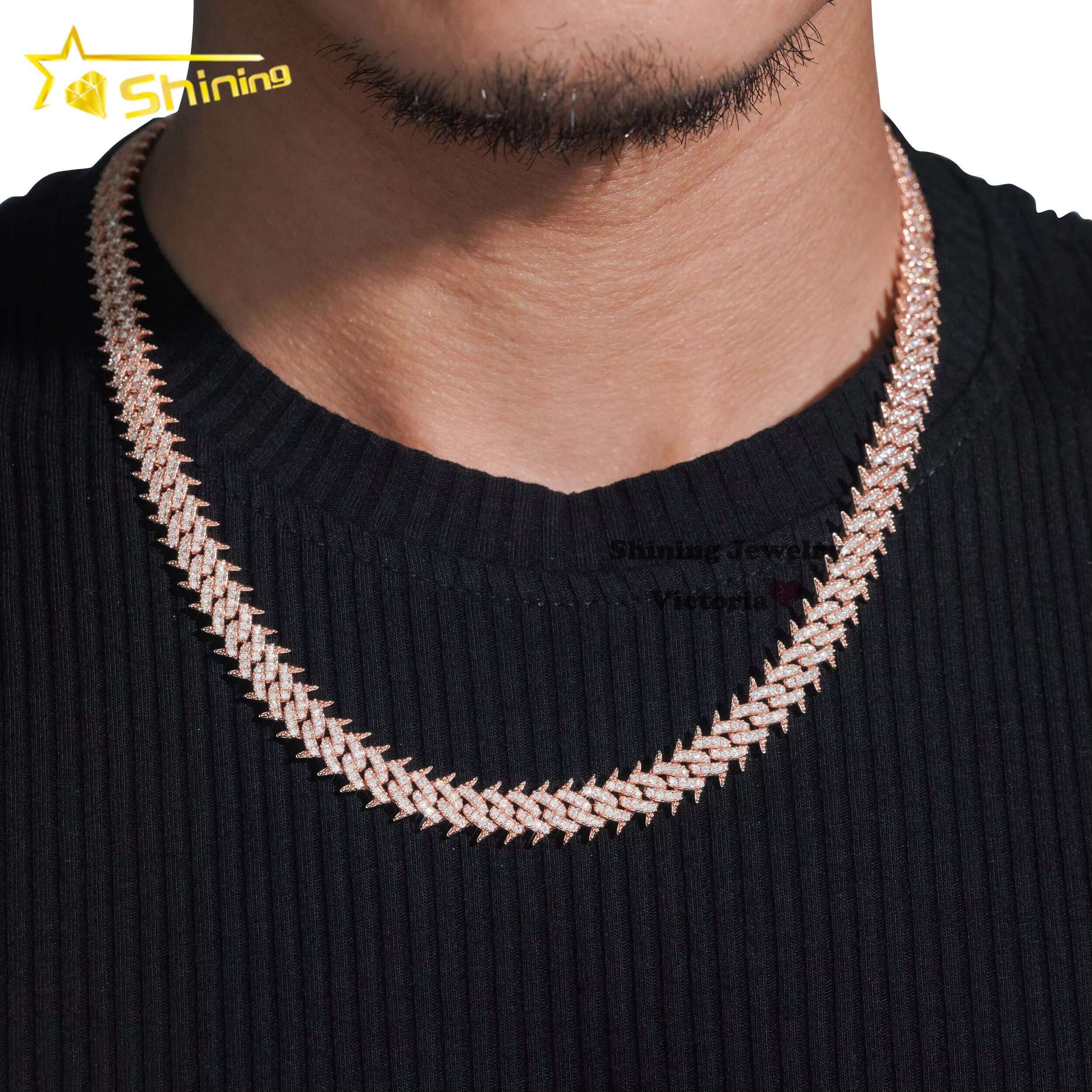 Hot Sale 925 Soild Silver Rose Gold Plated Hip Hop Necklace 10MM VVS Moissanite Diamond Spike Cuban Link Chain