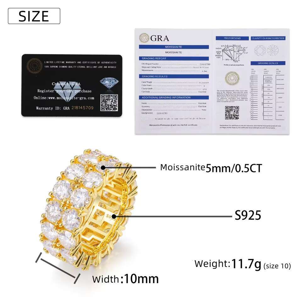 Luxury 2 Rows Moissanite Ring Pass Diamond Tester 925 Sterling Silver Shiny Fashion Jewelry Rings Moissanite Ring Men