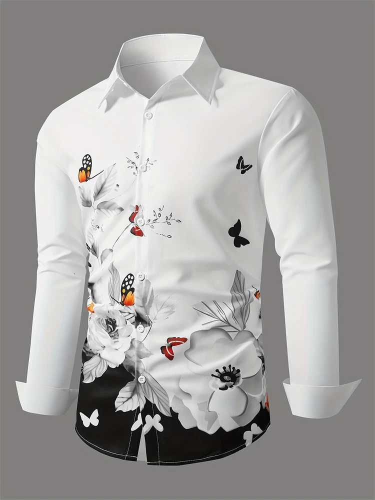 flower Butterfly 3D Printed Lapel Mens Long Sleeve Shirt Slim Button Party Dress Shirt Athletic Casual Fashion Comfortable Top K251110