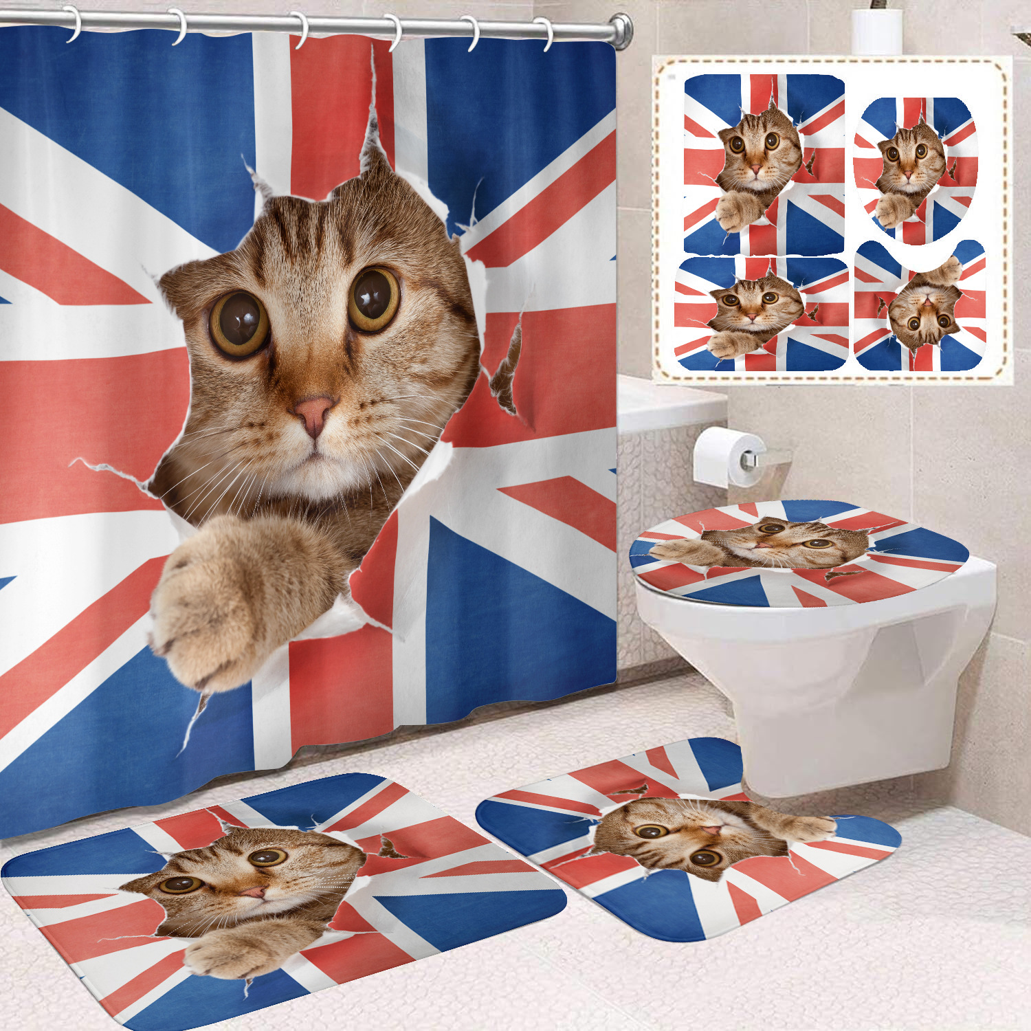 YL-37681 Black and White Cat Shower Curtain Waterproof and Mildew-proof Digital Print Shower Curtain Four-Piece Set