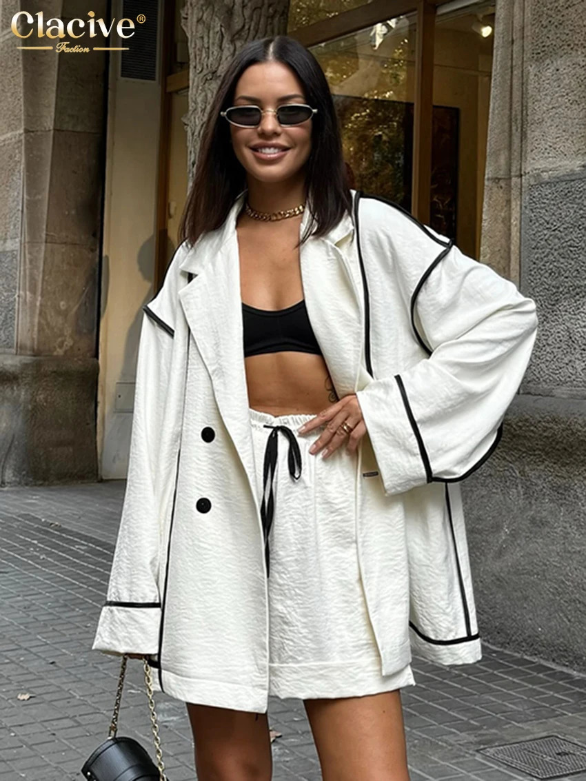 Clacive Fashion Loose White 2 Piece Sets Women Outfit Casual Long Sleeve Shirt With High Waist Shorts Set Female Streetwear 251105