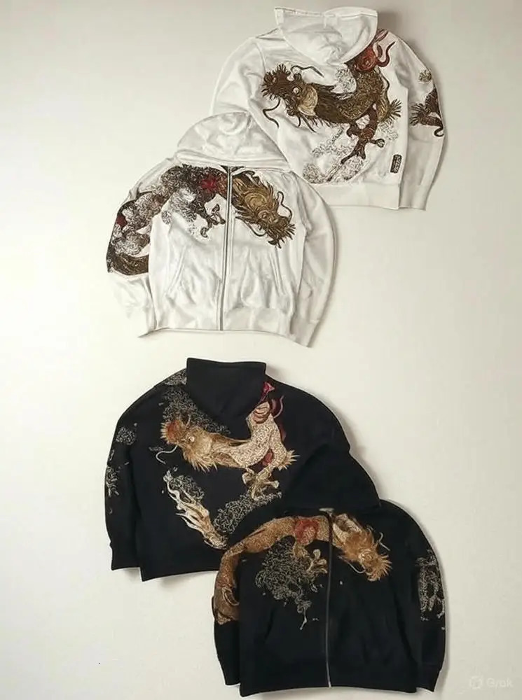 American Retro Sakura Dragon Graphic Zipper Hoodie Y2K Clothes Men Women Hip Hop Retro Casual Oversized Hoodie Jacket 251105