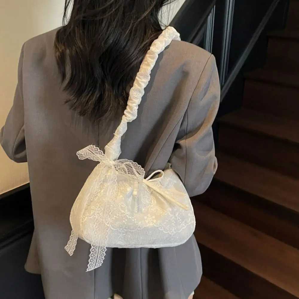 Tote Bag Lace Shoulder Bag Pleated Strap With Ribbon Simple Canvas Handbag Cloth Korean Style Large Capacity Bag SchoolT251110