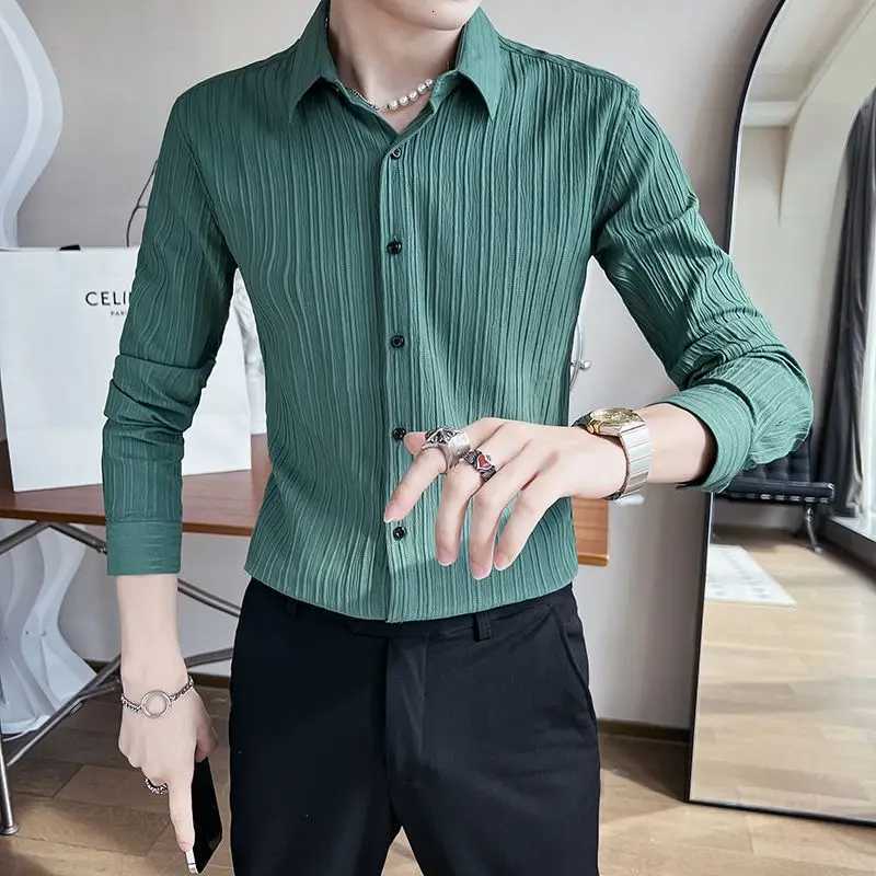 Streetwear Fashion Korean Clothing Solid Shirts Spring Autumn Men Long Sleeve Striped Lapel Single Sockets Business Casual Tops K251110