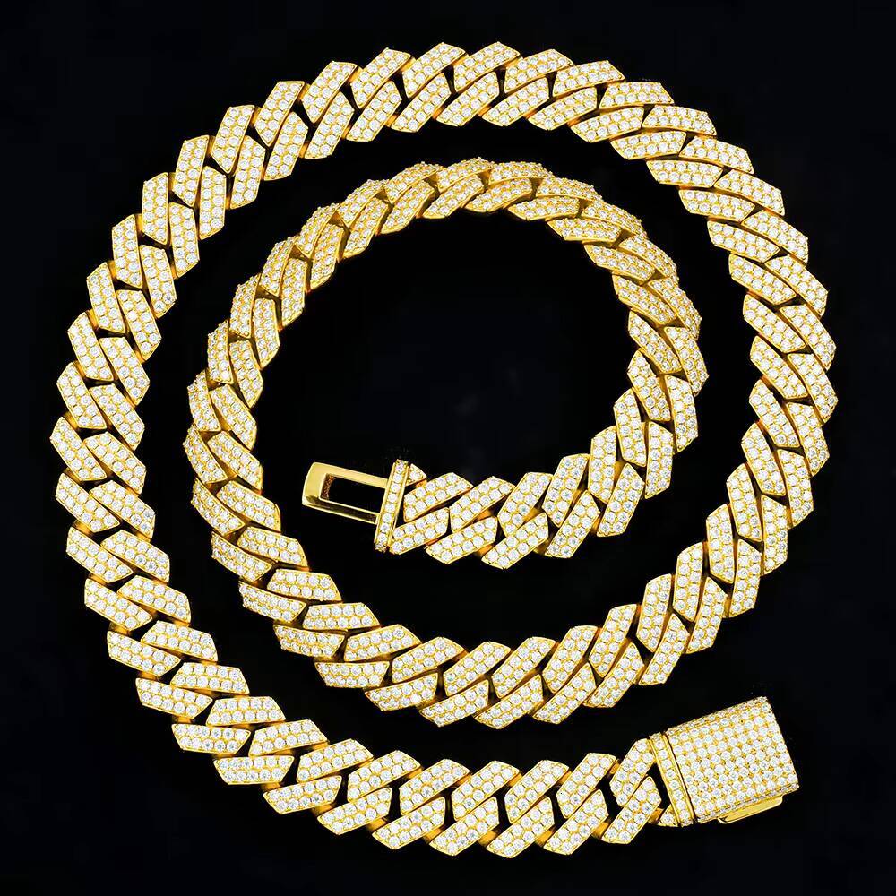 925 Silver Jewelry White Gold Yellow Gold Plated Moissanite Necklace 14mm Sharp Angled Style Cuban Link Chains for Hiphop Men