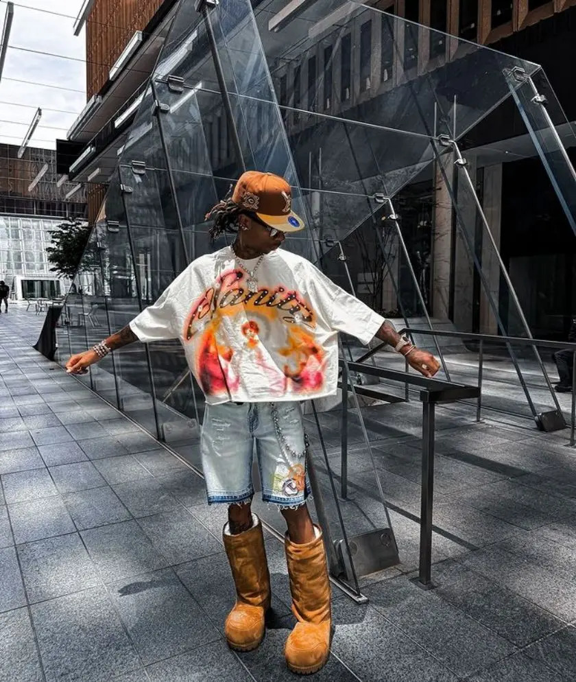 Street Hip Hop Angel Print White Short Sleeve Summer Casual Loose Y2K Quarter Sleeve T-Shirt Harajuku Summer 250410