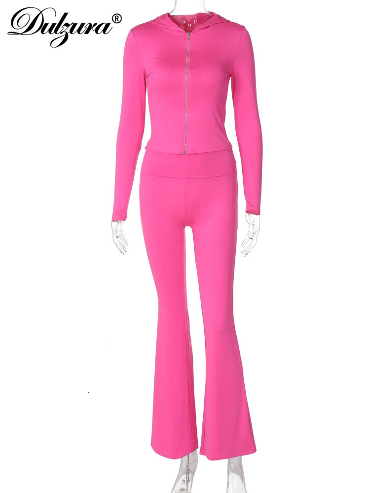 Dulzura Solid Casual Sports 2 Piece Pants Set Long Sleeves Zipper Hoodie And Flare Pants Matching Set Streetwear Autumn Winter 251106