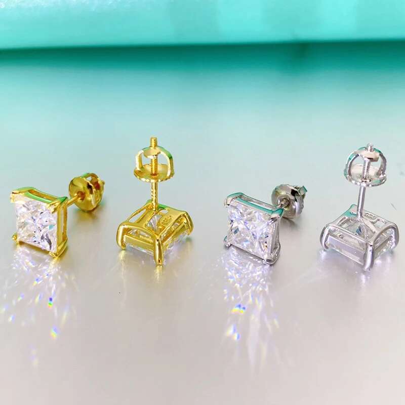 0.4-4CT Princess Cut D Color VVS Moissanite Rose Gold Stud Earrings S925 Silver Earrings Top Quality Jewelry for Women Men