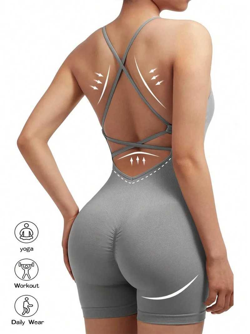 Sexy fitness jumpsuit womens cross adjustable sports Playsuit running one-piece yoga suit Scrunch shorts backless jumpsuitW250411
