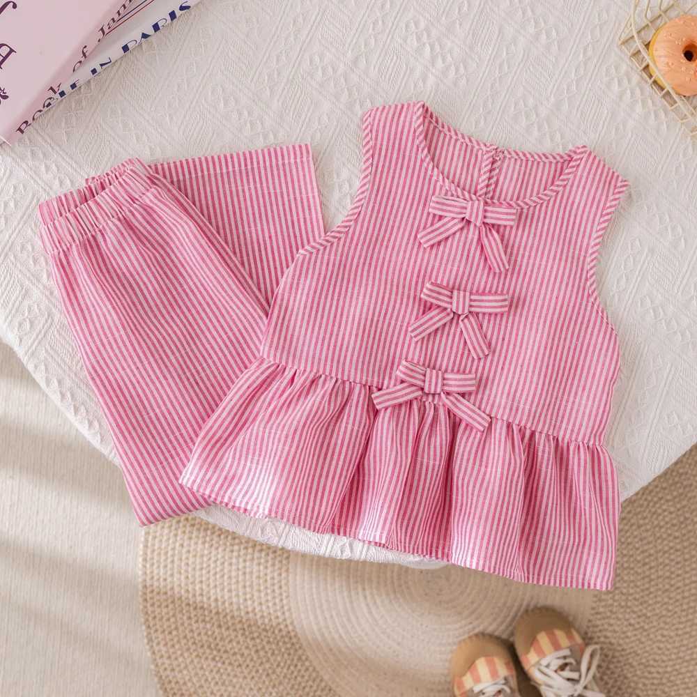 Summer girls set pink vertical stripe bow sleeveless vest+pants two-piece set cute childrens clothing setXJ250410