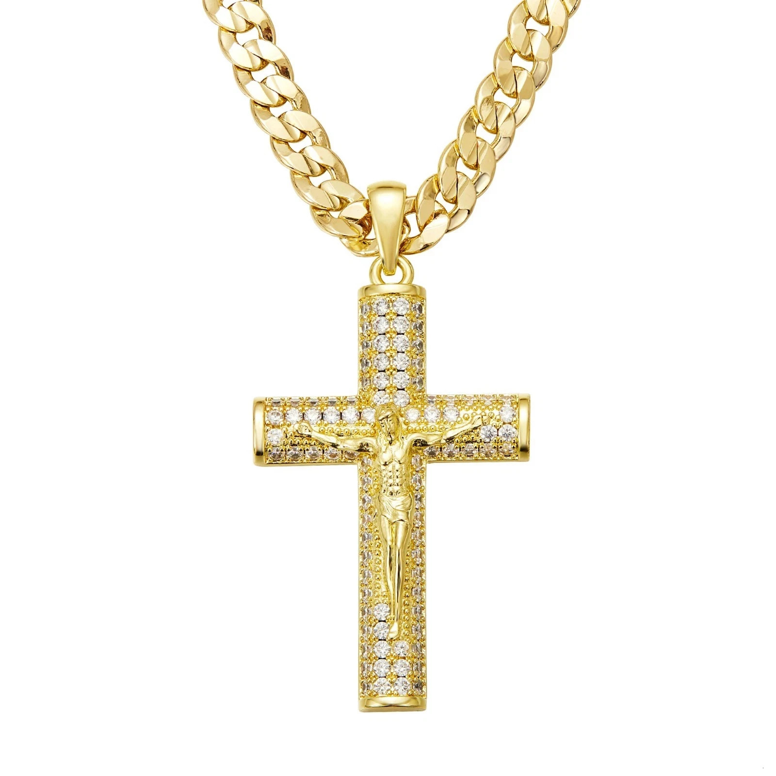 14K Gold-Plated Cross Necklace for Men Advanced Nanotech Tarnish-Free Cuban Figaro Rope Miami Chains with Jesus Crucifix Pendant 251110