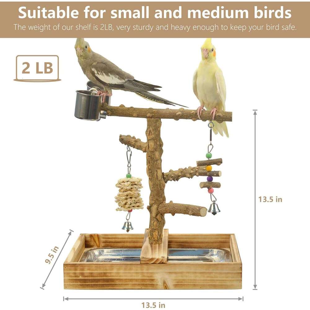 LIMIO Large Beige Bamboo Bird Playground with Removable Tray and 2 Cups