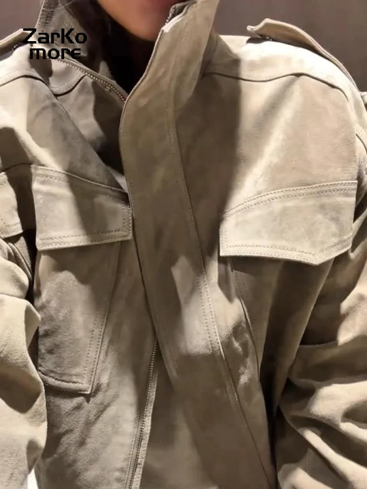 Fashion Loose Khaki Suede Jacket Women Lapel Zipper Long Sleeve Pockets Coat Female Spring Autumn Vintage High Street Tops 251106