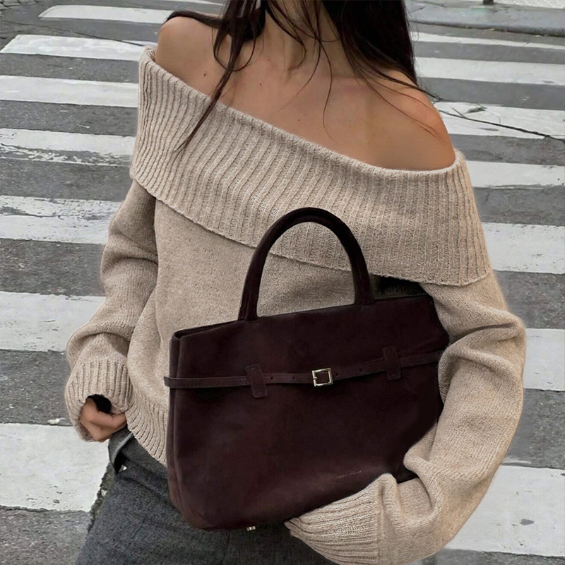 Women's solid-color tops, one-shoulder long-sleeved sweaters, fashionable and popular sweaters, romantic and casual,women's outwear tops---T