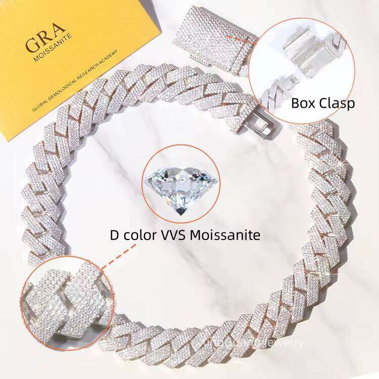 20mm 4-row Gold-plated Sterling Sier Iced Moissanite Cuban Hip-hop Jewelry Chain Ready for Shipment