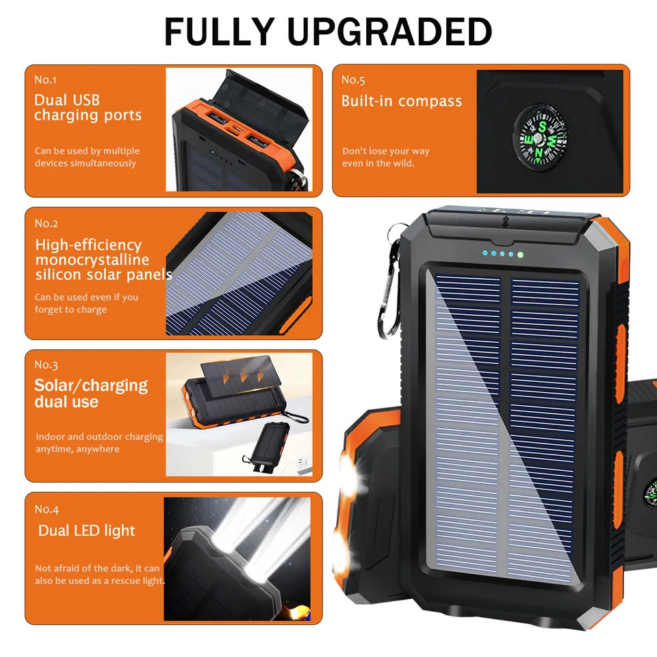 20000mAh Solar Power Bank Portable Solar Charger Waterproof Dual 5V USB Ports 2 LED Light Flashlight For Cell IPhone Outdoor 251110 - view 7