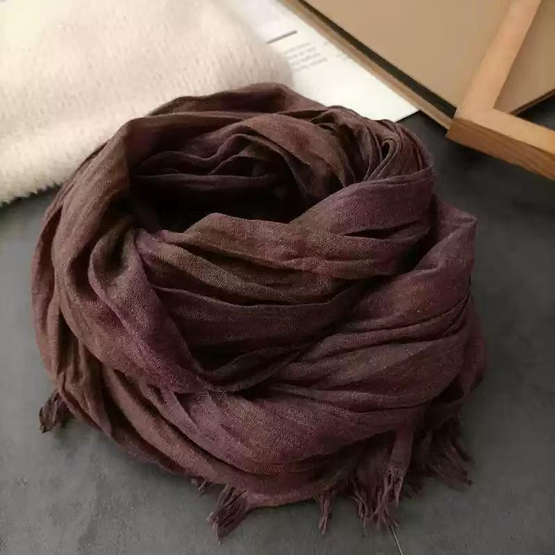 T457 Japanese cotton and linen all-match pleated sunscreen solid color scarf silk scarf retro casual literary shawl thin neck scarf